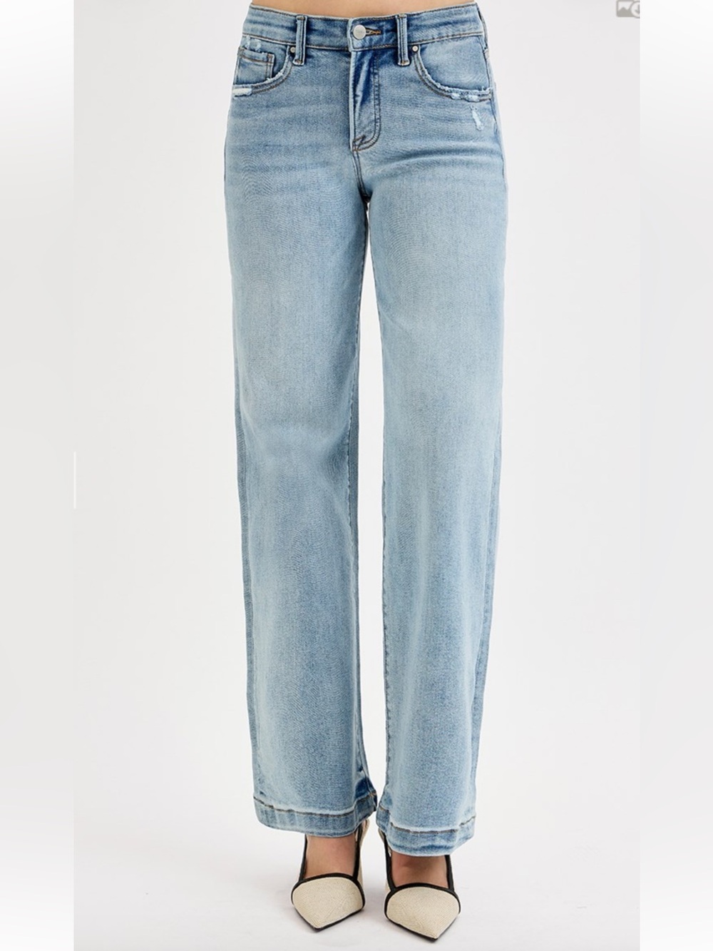 445 ❤️ RISEN ELASTIC BAND MID RISE WIDE LEG DISTRESSED JEANS